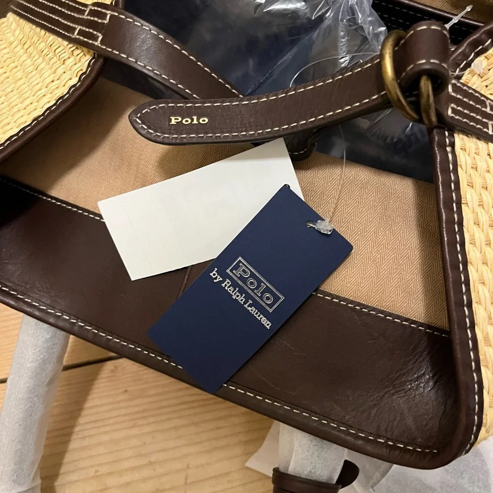 NWT Polo by Ralph Lauren Leather-Trim Straw Medium Bellport Tote - Picture 12 of 14